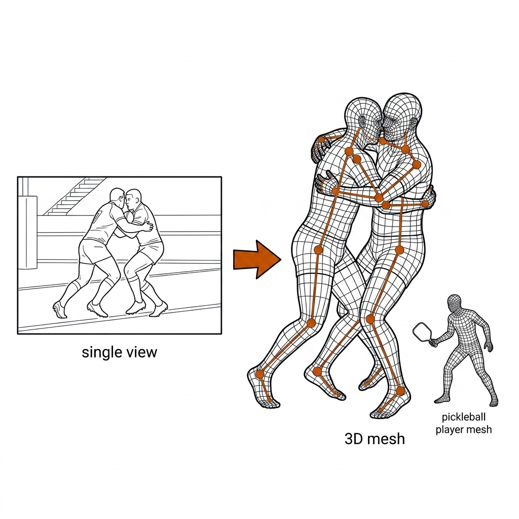 Single broadcast view of a rugby league tackle reconstructed into a 3D wireframe body mesh with skeleton joints.