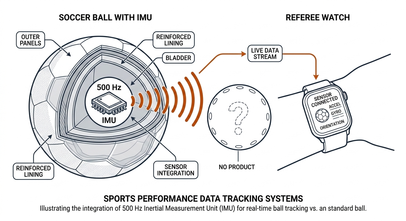 Cutaway of a smart ball with a 500 Hz IMU chip signaling a referee watch, beside a plain pickleball with no product available.