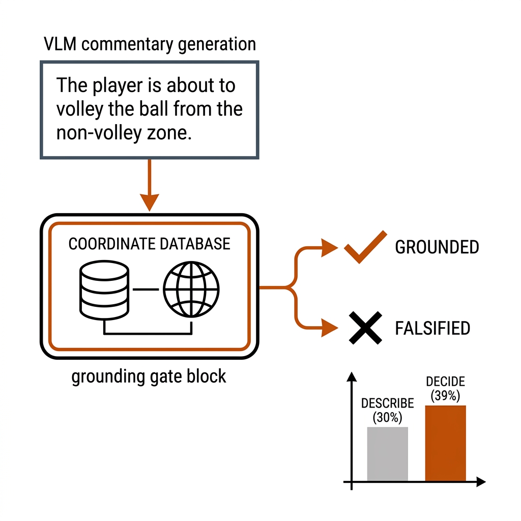 VLM commentary sentence checked against a coordinate database at a grounding gate, with a describe-versus-decide bar chart.