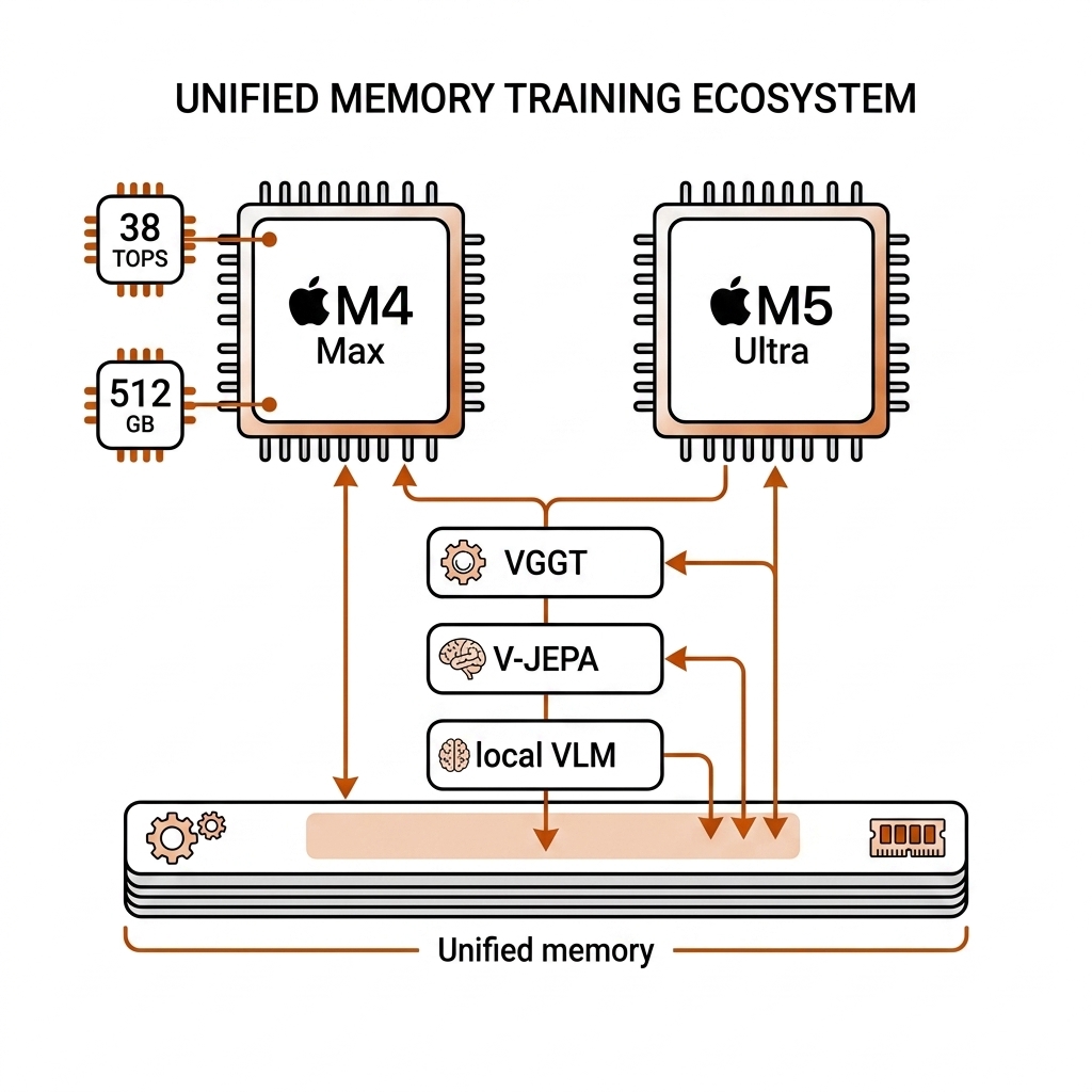 M4 Max and M5 Ultra chips compared, with VGGT, V-JEPA, and local VLM models fitting into a 512 GB unified memory bar.