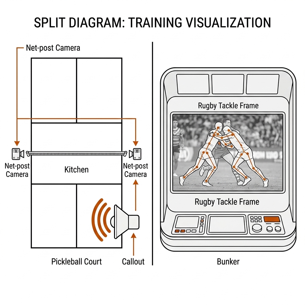 Split diagram of pickleball net-post line-calling cameras and a rugby league Bunker room with a skeleton overlay on a tackle frame.