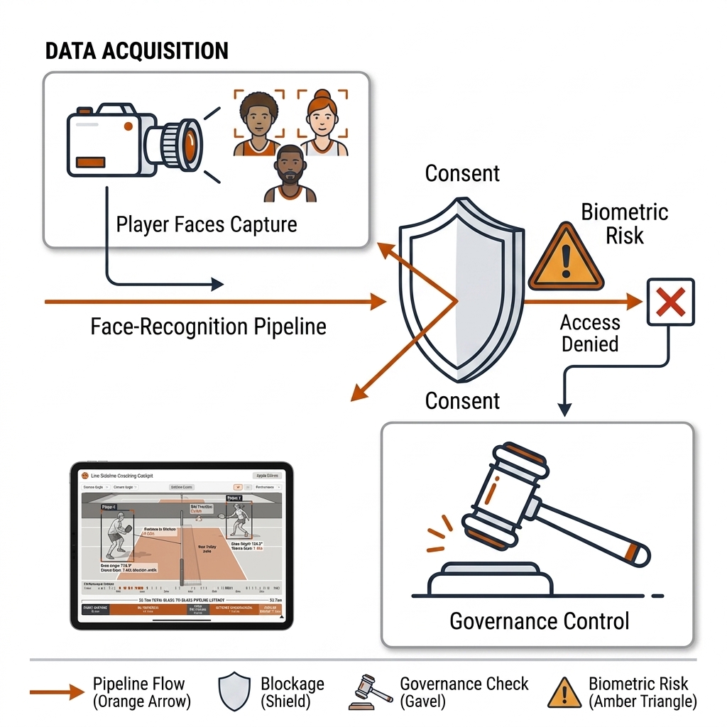 Camera capturing player faces with a consent shield blocking the face-recognition pipeline, a biometric-risk warning, and a governance gavel.