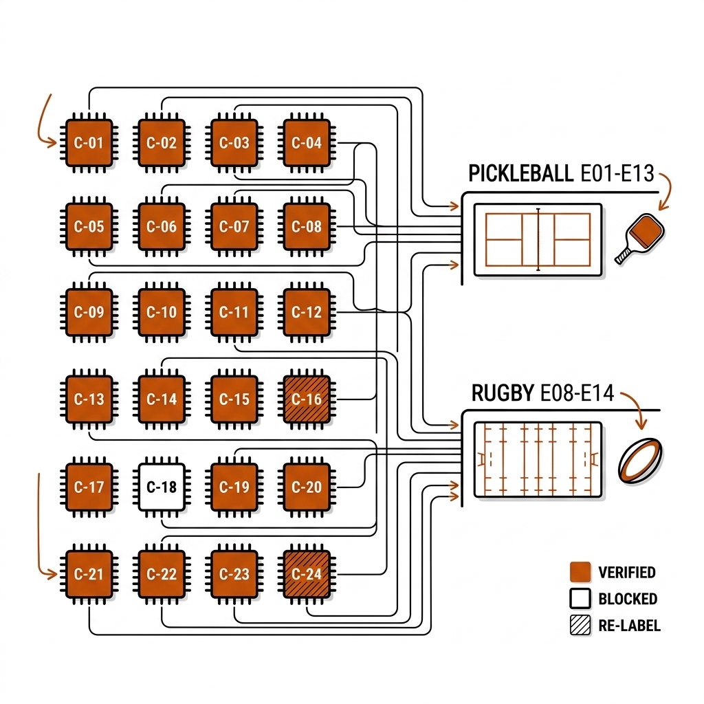 Claims register map: 24 claim chips C-01 to C-24 wired to pickleball and rugby experiment lanes, with VERIFIED, BLOCKED and RE-LABEL statuses.