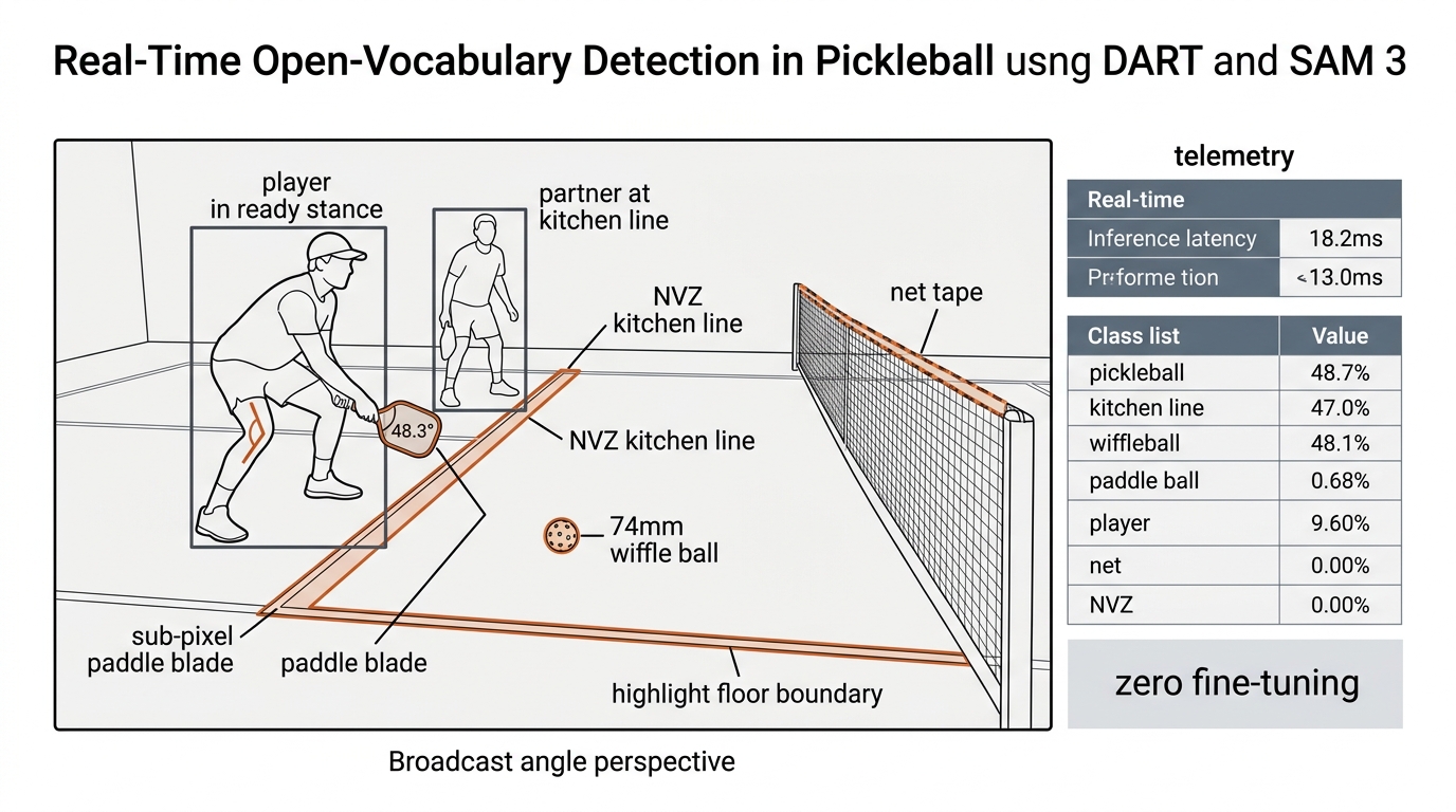 Real-time open-vocabulary detection in pickleball using DART and SAM 3.