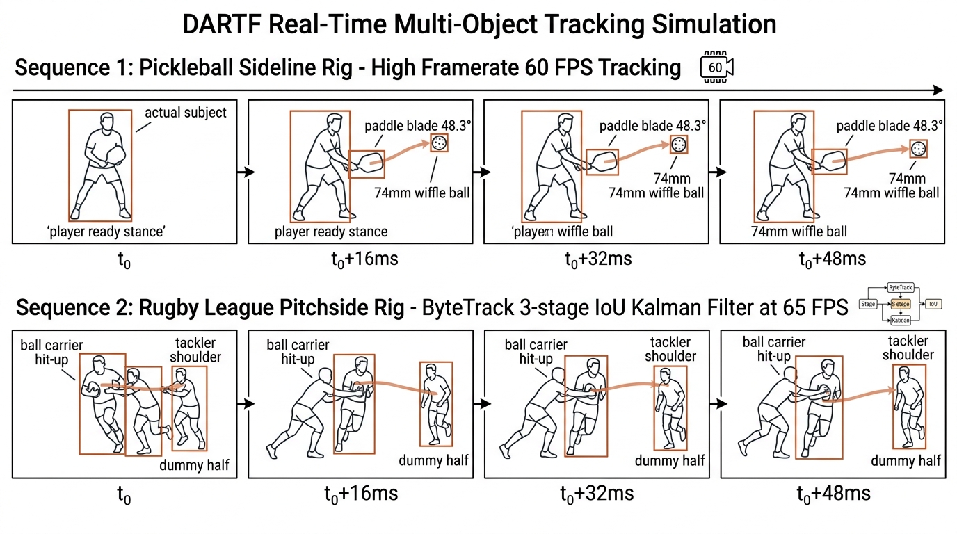 DARTF frame-by-frame sports simulation: per-frame role detections and track assignments flowing into the tactical analysis pipeline.