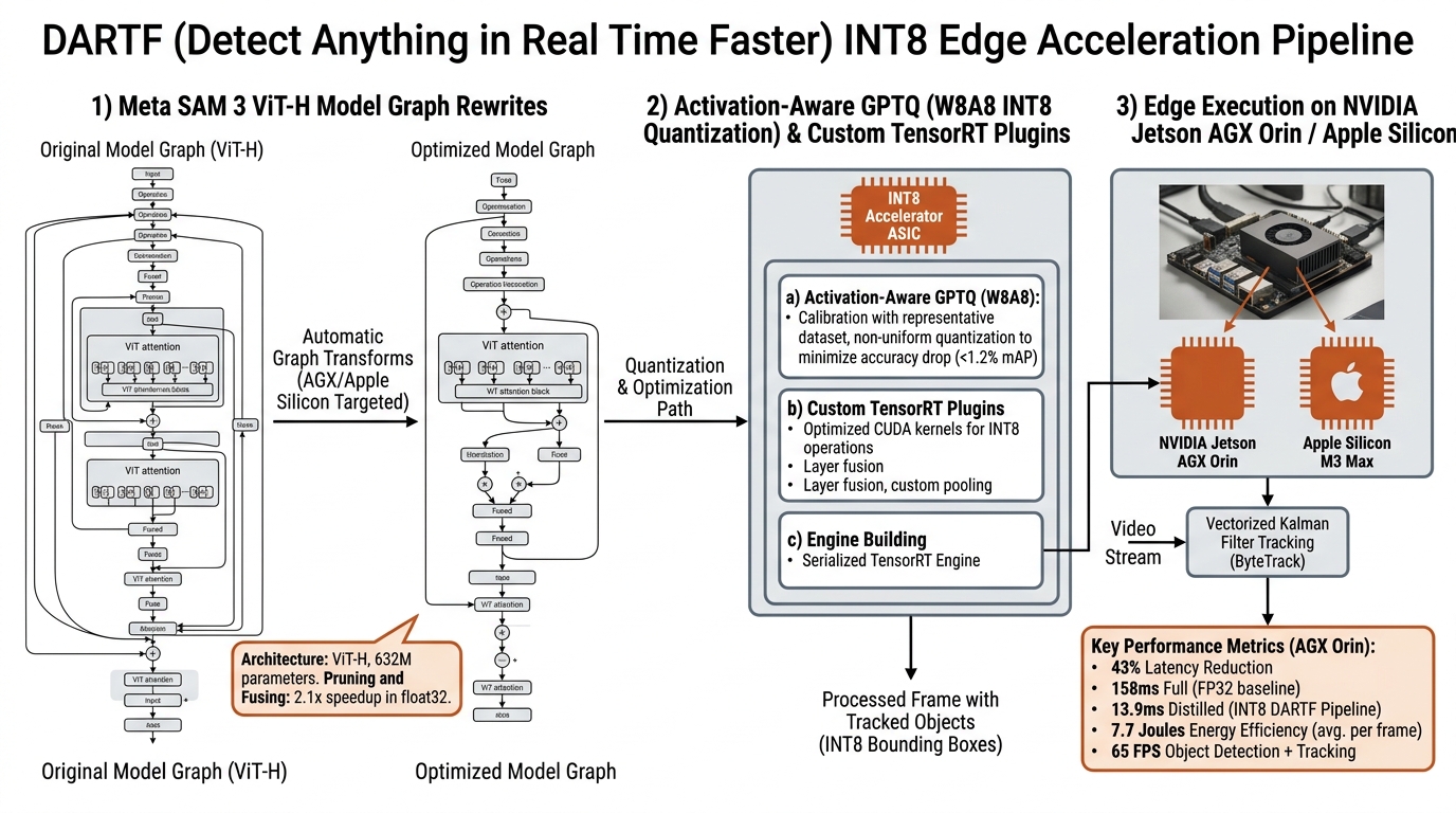 DARTF W8A8 INT8 edge acceleration pipeline: SAM 3 backbone quantized to INT8, serialized TensorRT engine, ByteTrack tracking on Apple M4 and Jetson.