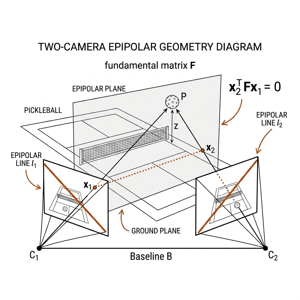 Two-camera epipolar geometry: two frusta, epipolar plane, epipolar lines, baseline B, ball at height z. Recreate: white background, black linework, burnt-orange epipolar lines.