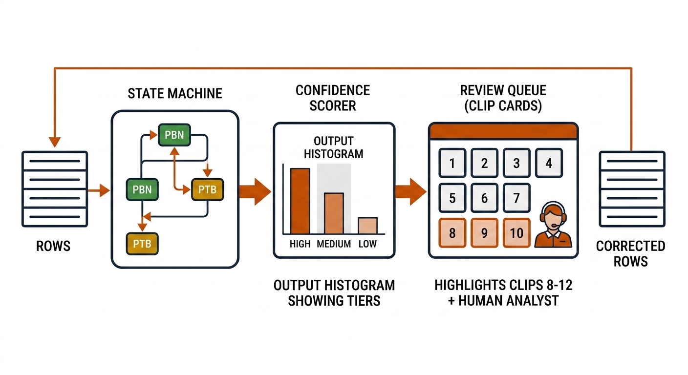 Eventing pipeline: tracks to state machine to confidence scorer to review queue (8-12 cap) to corrected rows loop.