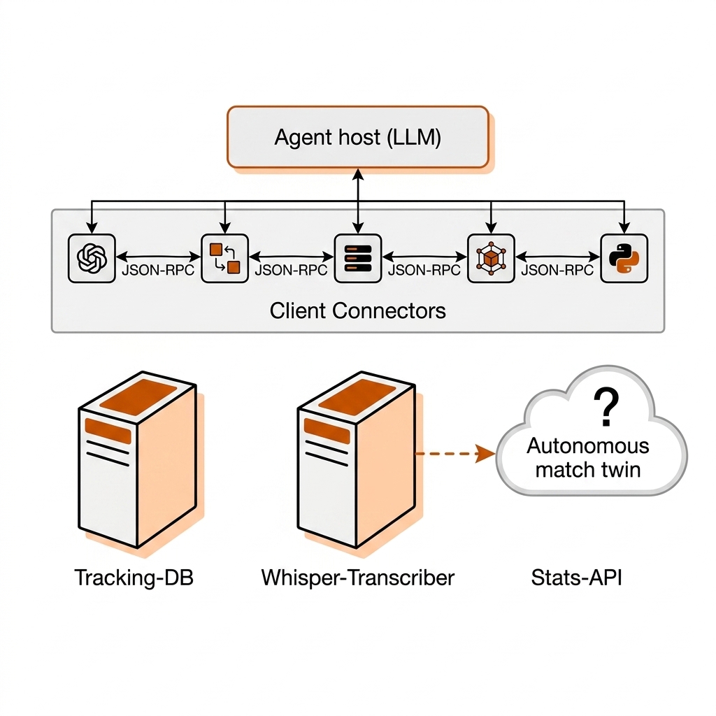 Recreate in book style: three-tier diagram. Top: 'Agent host (LLM)' box. Middle: MCP client connectors with JSON-RPC labels. Bottom: three server boxes labeled Tracking-DB, Whisper-Transcriber, Stats-API. Dashed arrow to a future 'Autonomous match twin' cloud with question mark. Burnt-orange accents on white.