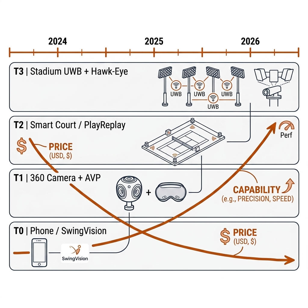 Recreate in book style: horizontal hardware progression from 2024 to 2026, four tiers: T0 phone/SwingVision, T1 360° camera + AVP, T2 smart court / PlayReplay, T3 stadium UWB + Hawk-Eye; burnt-orange arrows showing price and capability curves; white background.
