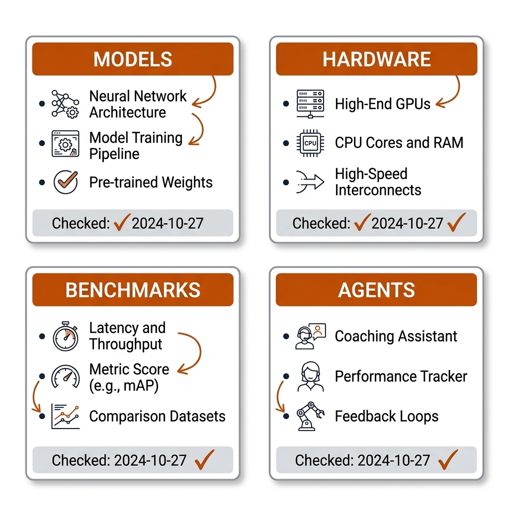 Recreate in book style: four cards labeled Models, Hardware, Benchmarks, Agents, each with three bullet items and a checked-date box; burnt-orange headers, white background.