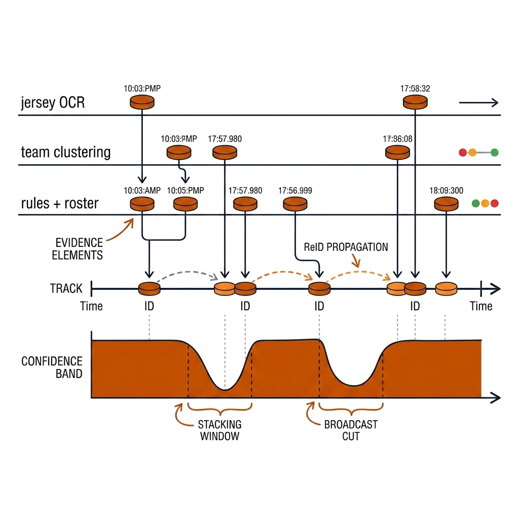 Identity resolution architecture: three evidence lanes jersey OCR team clustering rules+roster dropping evidence onto a track timeline with confidence band. Recreate: white background, burnt-orange discs.