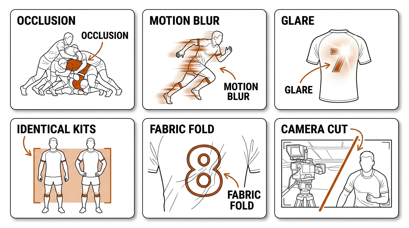 Identity failure mode gallery: six cards showing rugby ruck occlusion, motion blur, jersey glare, identical kits, fabric fold, and broadcast camera cut. Recreate: white background, black linework, burnt-orange labels.