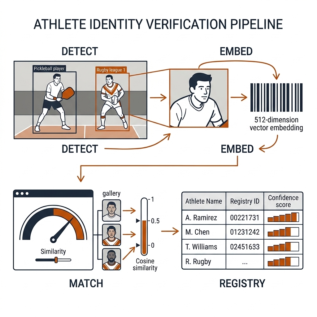 Identity pipeline: detection boxes on a pickleball player and rugby player, embedding extraction, cosine matching against gallery, identity registry with confidence bars. Recreate: white background, black linework, burnt-orange stage labels.