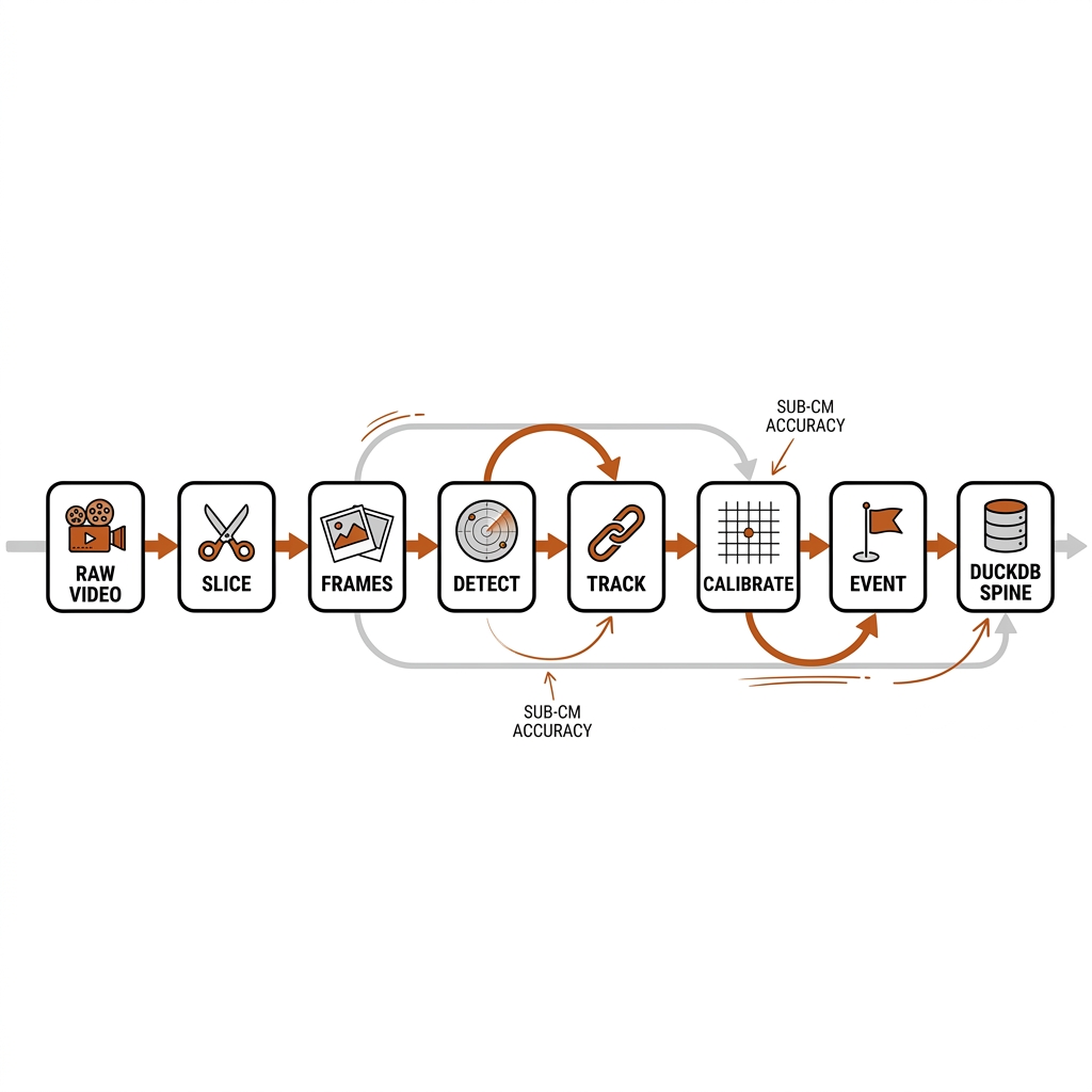 Ingest pipeline flow: RAW VIDEO to SLICE to FRAMES to DETECT to TRACK to CALIBRATE to EVENT to DUCKDB SPINE with burnt-orange connectors.