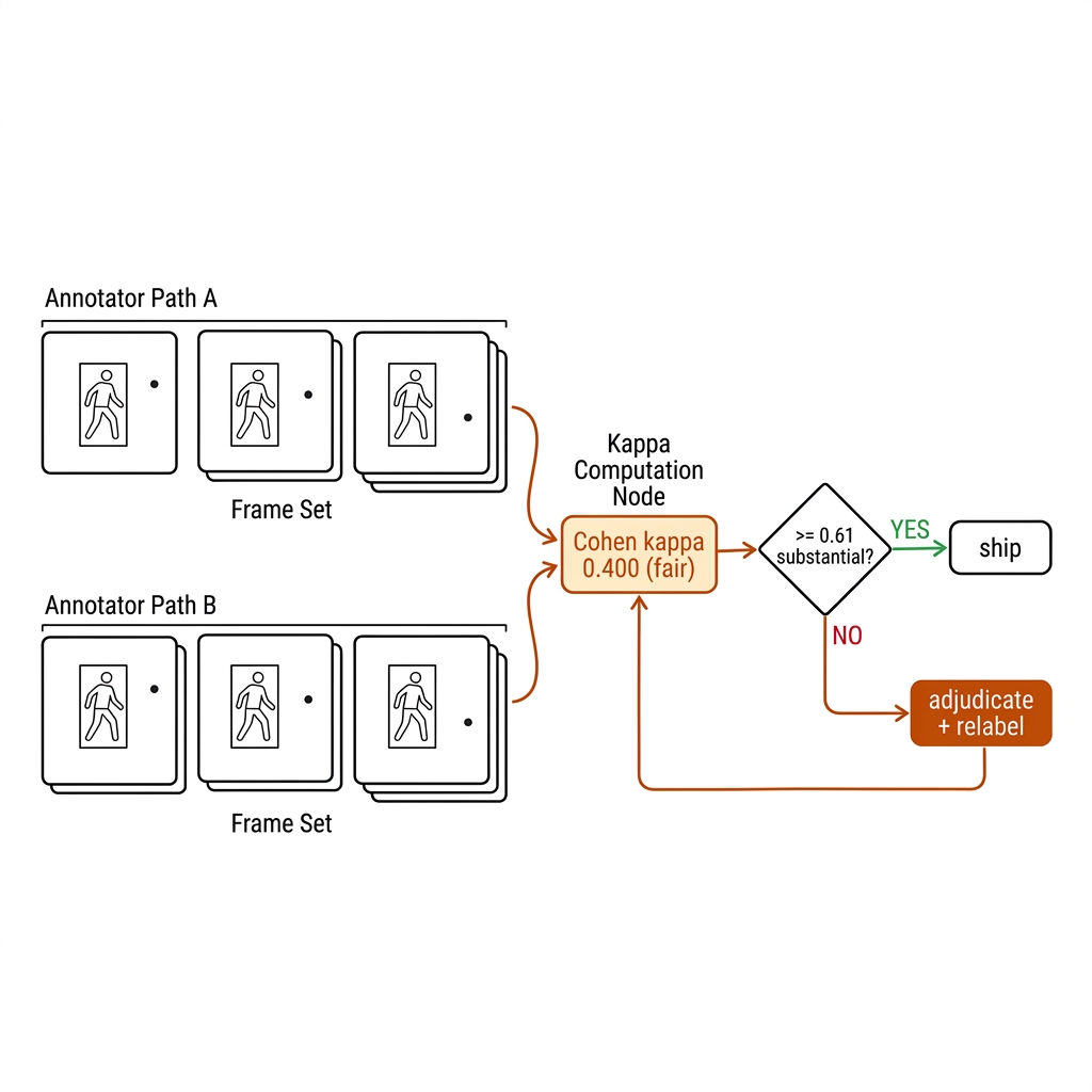 Kappa workflow: annotators A and B labeling frames, computing kappa 0.400 fair, decision diamond ship or adjudicate loop. Recreate: white background, burnt-orange decision path.