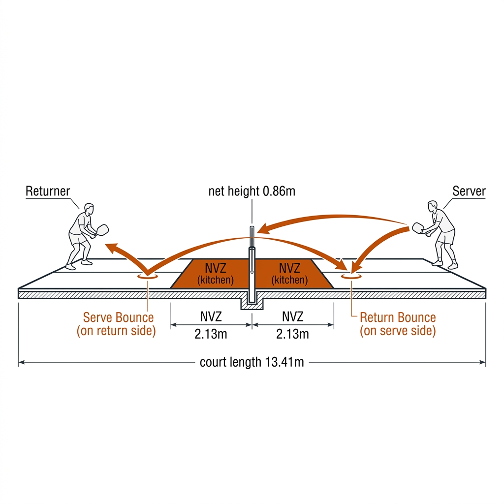Pickleball court cross-section showing NVZ kitchen 2.13m, net 0.86m, and the double-bounce rule: serve bounce on return side, return bounce on serve side.