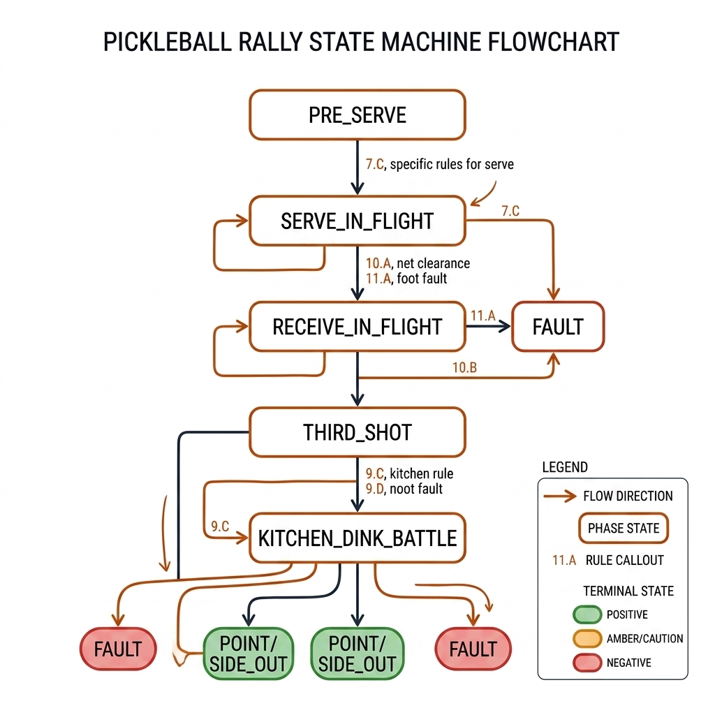 Pickleball rally state machine flowchart from PRE_SERVE through SERVE_IN_FLIGHT, RECEIVE_IN_FLIGHT, THIRD_SHOT, KITCHEN_DINK_BATTLE to FAULT/POINT/SIDE_OUT terminals with rule callouts 7.C, 10.A, 11.A.