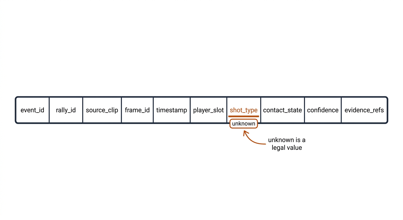 PBN event row anatomy: contract bar with event_id rally_id source_clip frame_id timestamp player_slot shot_type contact_state confidence evidence_refs, shot_type unknown badge. Recreate: white background, burnt-orange underline.