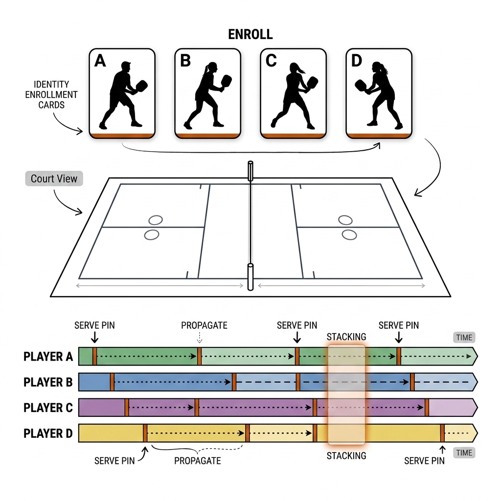 Pickleball re-identification across a match: four enrollment cards, overhead doubles court, match timeline with serve pins and dashed propagation segments, stacking window highlighted. Recreate: white background, black linework, burnt-orange accents.