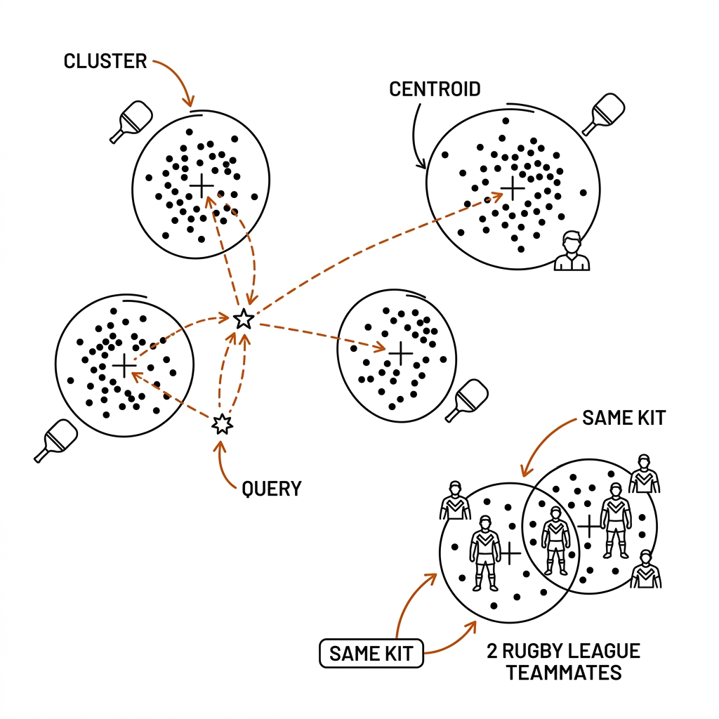 ReID embedding space: four separated pickleball player clusters with centroids and a query point with cosine arrows, plus two merged same-kit rugby teammate clusters. Recreate: white background, black linework, burnt-orange accents.