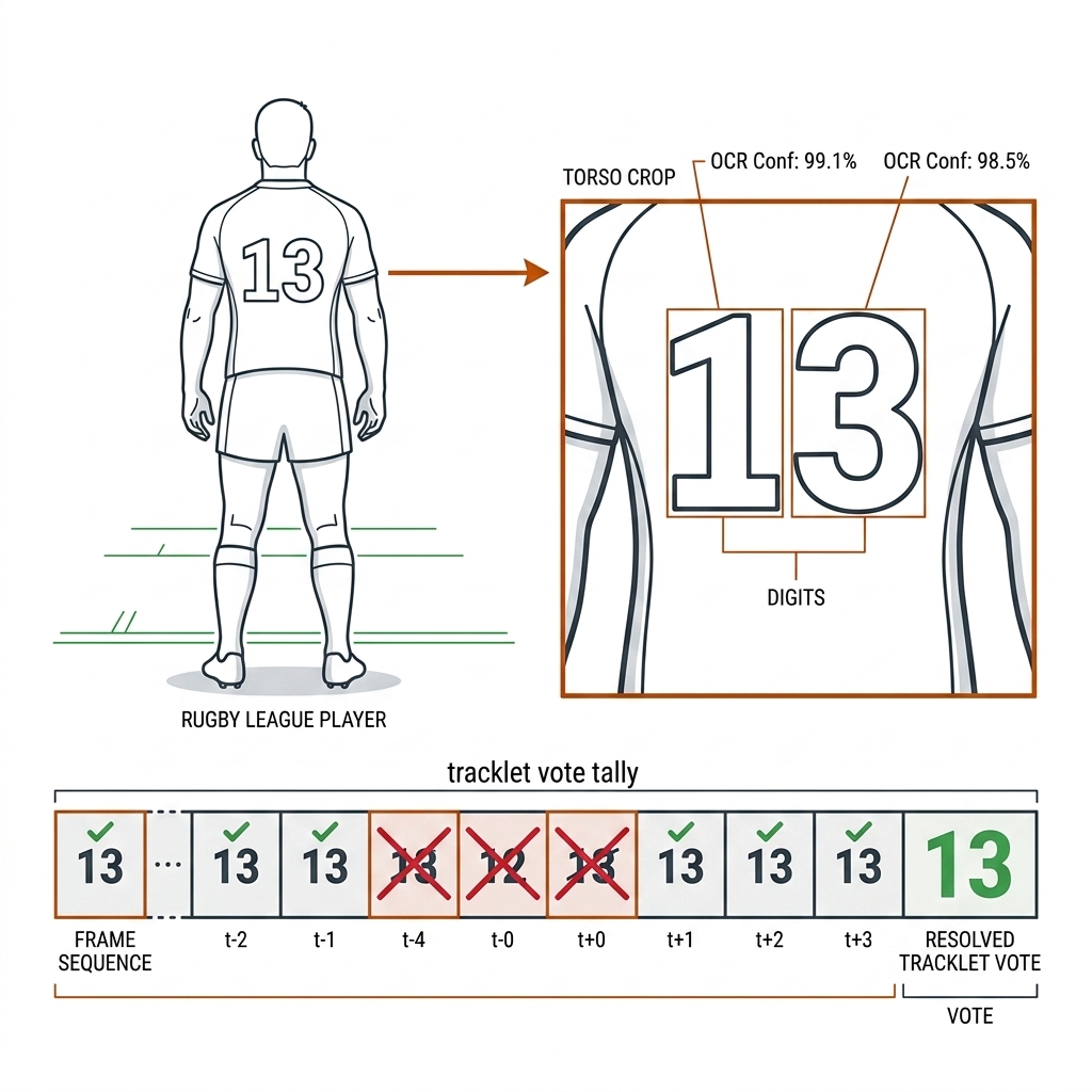 Rugby league jersey OCR: rear view of player wearing number 13, magnified torso crop with digit boxes, tracklet vote tally resolving to 13. Recreate: white background, black linework, burnt-orange accents.