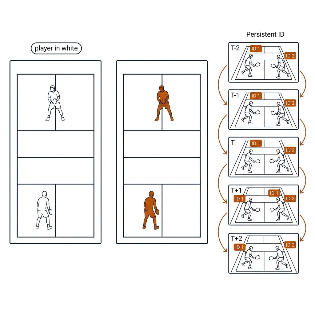 SAM 3 promptable concept segmentation: text chip player in white masking white-clad players with persistent IDs. Recreate: white background, burnt-orange masks.