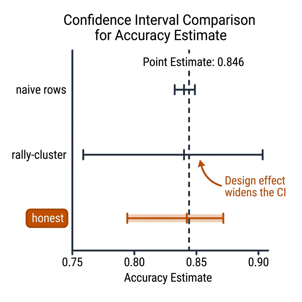 Confidence interval comparison: naive rows tight CI vs rally-cluster wide CI vs honest labelled, design effect annotation, point estimate 0.846. Style: white background, black axes, burnt-orange honest CI.