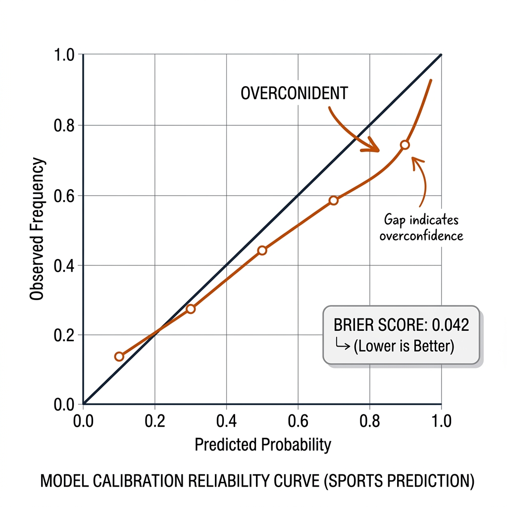 Calibration reliability curve: diagonal perfect line black, model curve sagging below at high confidence with overconfident callout and Brier score annotation. Style: white background, black diagonal, burnt-orange model curve.