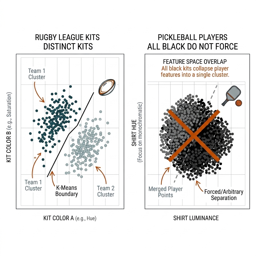 Team clustering comparison: two clean rugby kit clusters with decision boundary versus one merged all-black pickleball blob with a crossed-out forced split. Recreate: white background, black linework, burnt-orange accents.