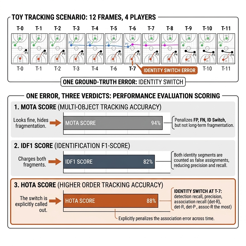 One tracking error scored three ways: MOTA looks fine (93.1), IDF1 charges both fragments (82.0), HOTA 89.1 with the identity switch called out. Recreate: white background, score bars.