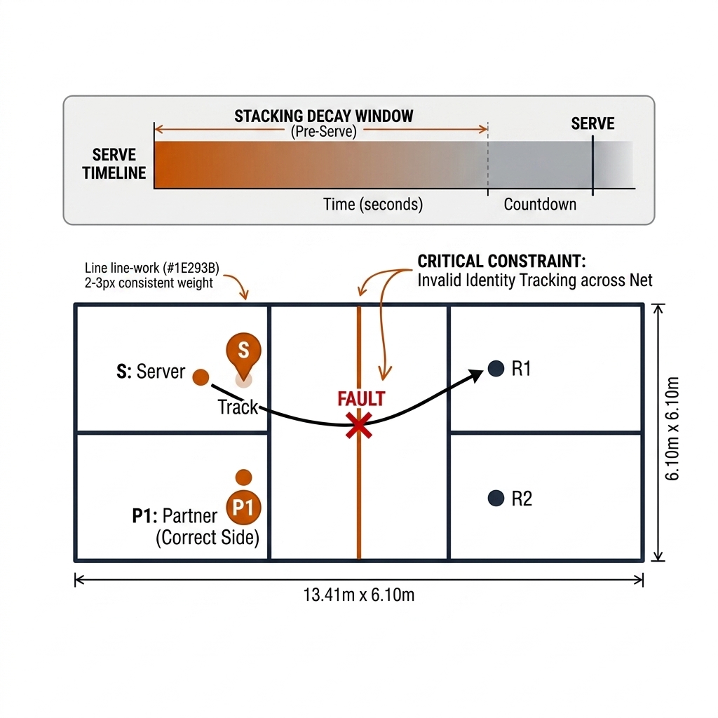 Overhead court with serve-side rule pinning S and P1, net-line constraint invalidating a crossing track, stacking decay window. Recreate: white background, black court, burnt-orange annotations.