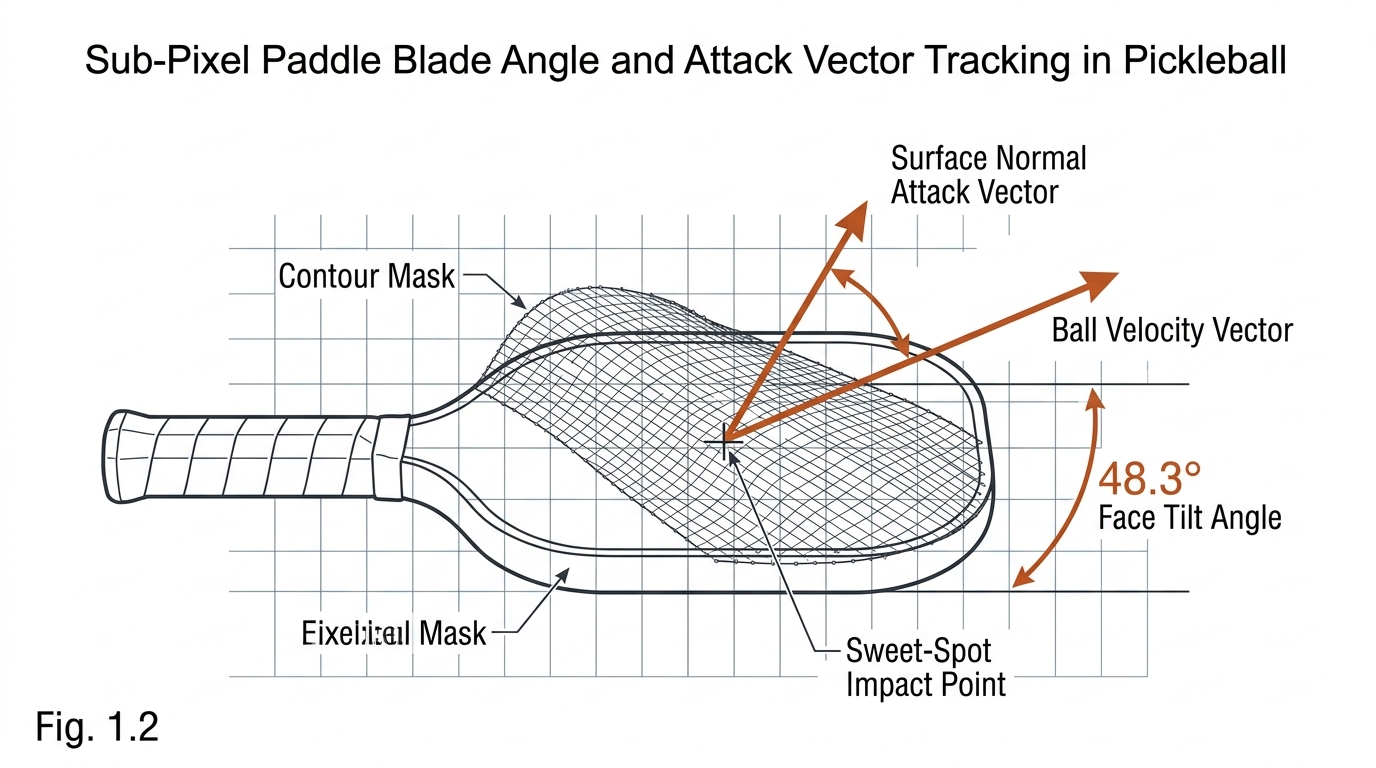 Sub-pixel paddle blade angle and attack vector tracking in pickleball.