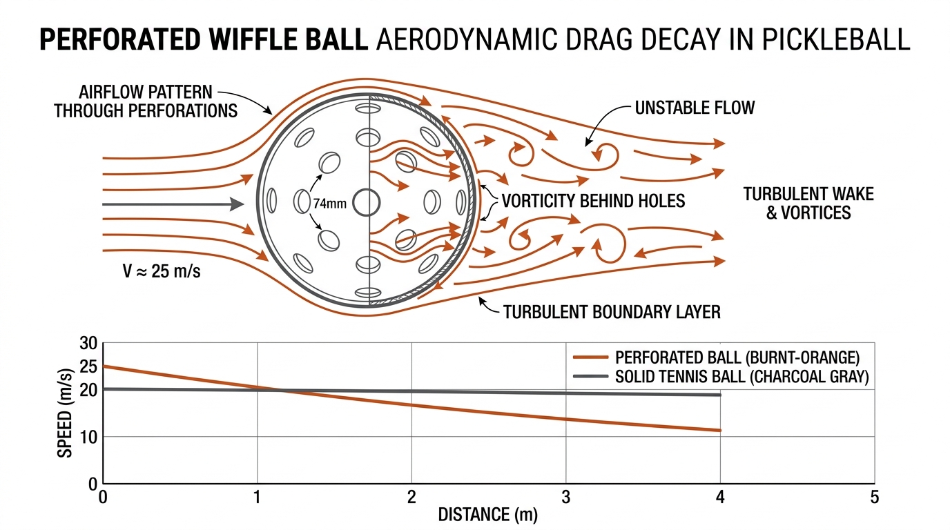 Perforated wiffle ball aerodynamic drag decay in pickleball.
