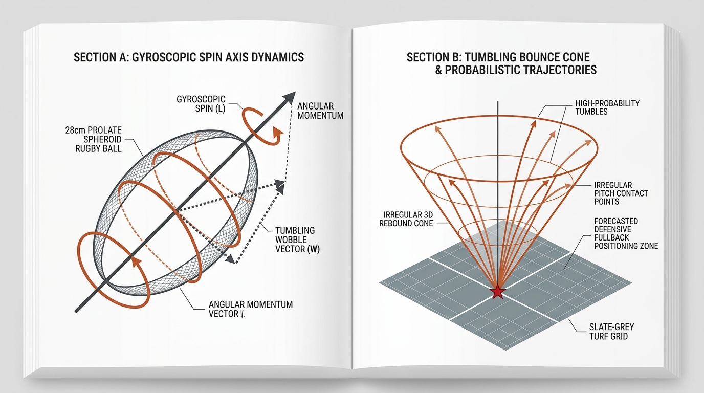 Oval rugby ball gyroscopic spin axis and tumbling bounce cone.