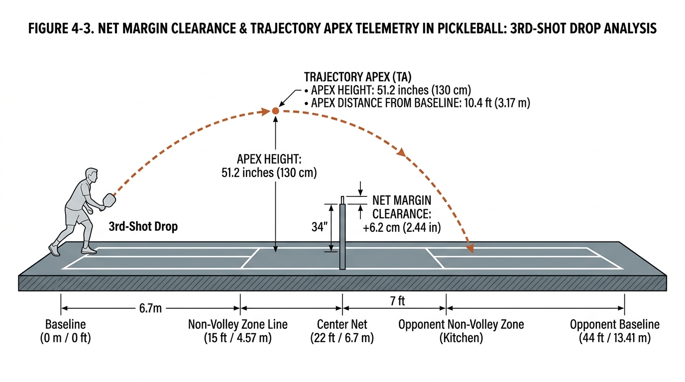 Net margin clearance and trajectory apex telemetry in pickleball third-shot drop analysis.