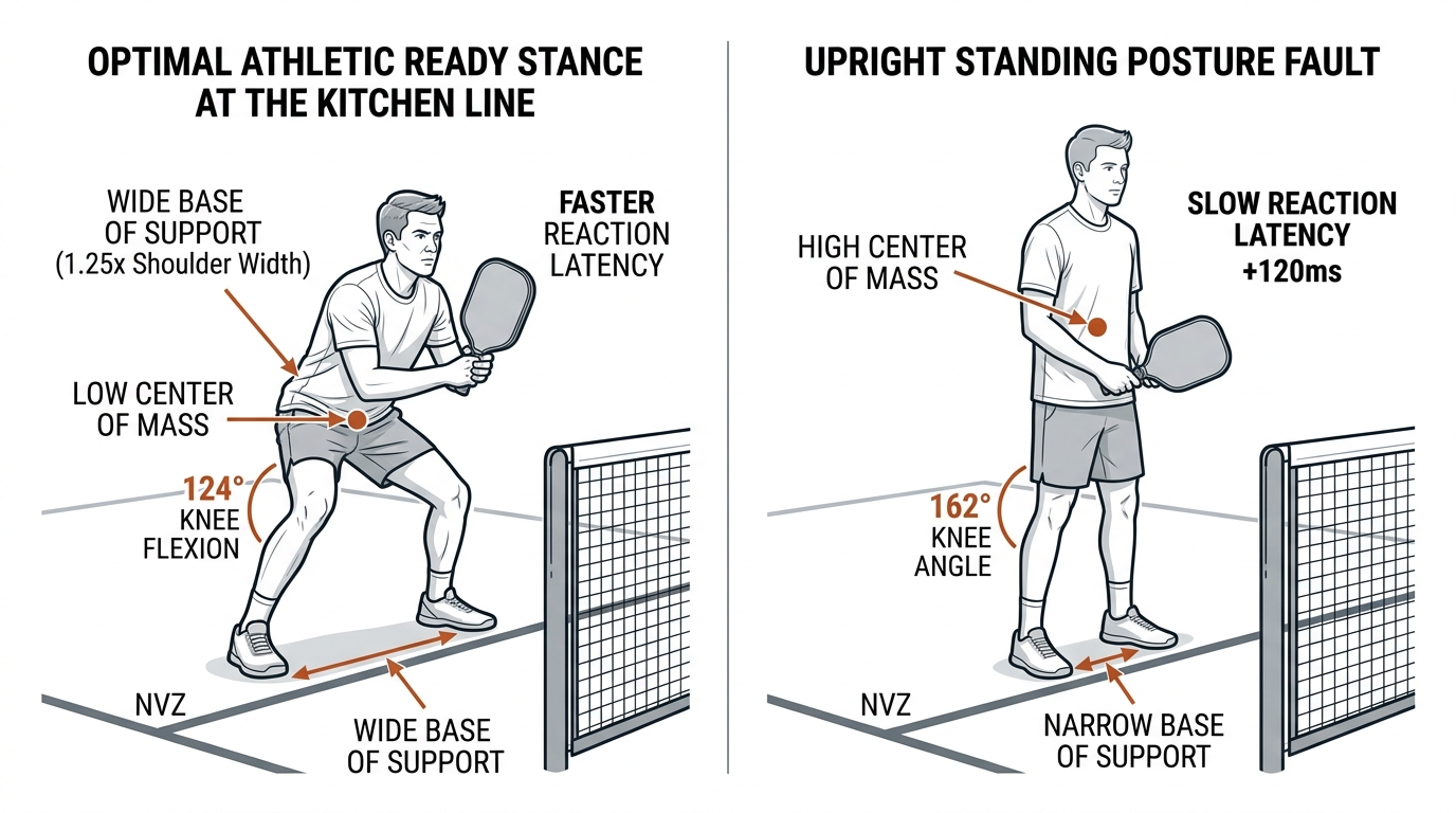 Optimal athletic ready stance vs upright standing posture fault in pickleball.
