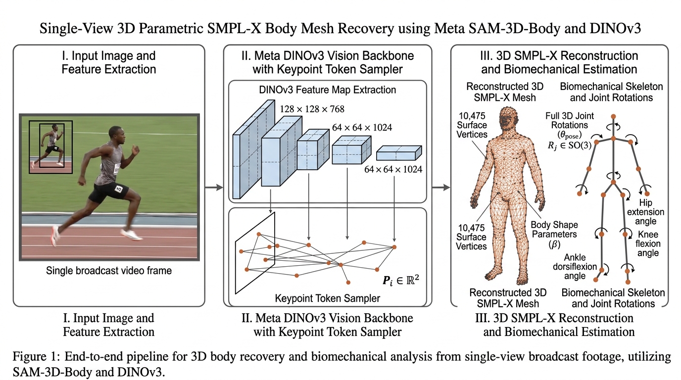 Single-view 3D parametric SMPL-X body mesh recovery using Meta SAM-3D-Body and DINOv3.