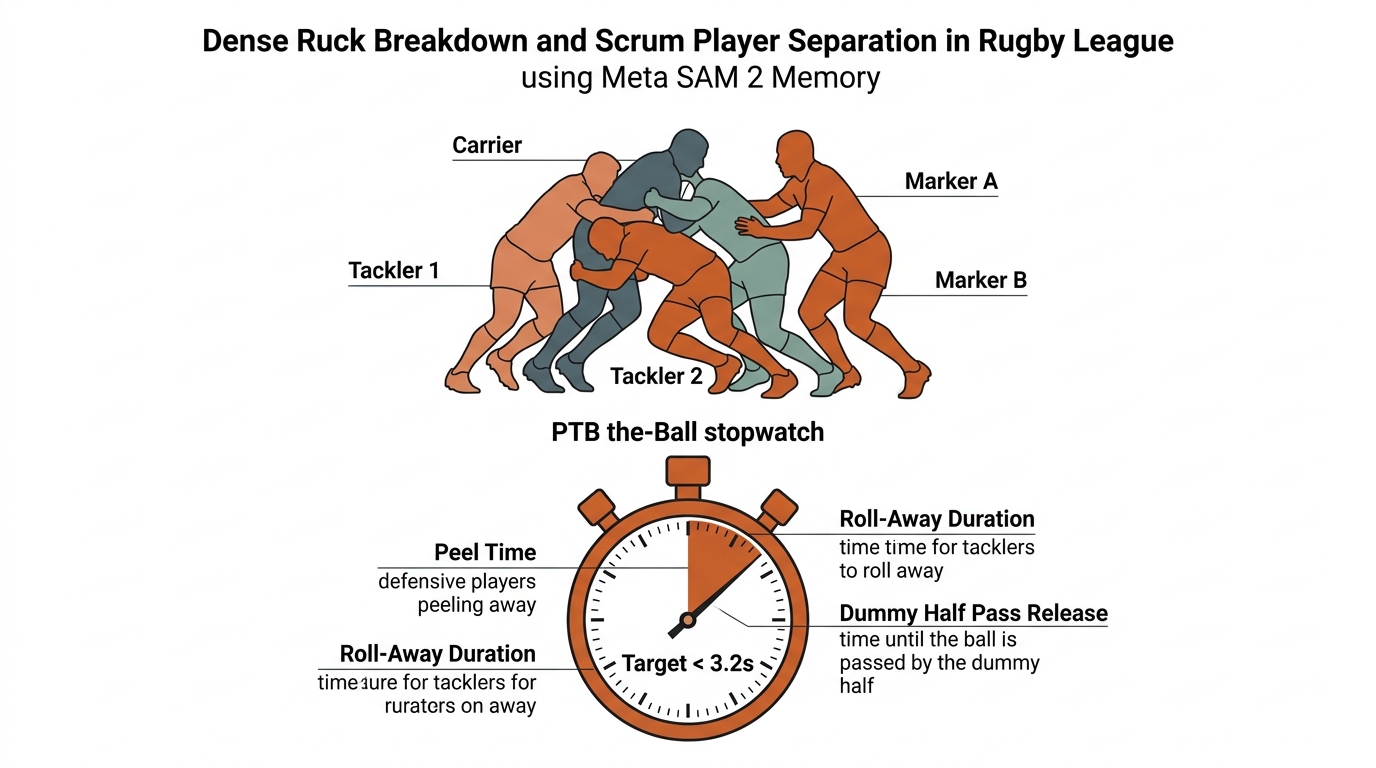Dense ruck breakdown and player separation in rugby league using SAM 2 memory.