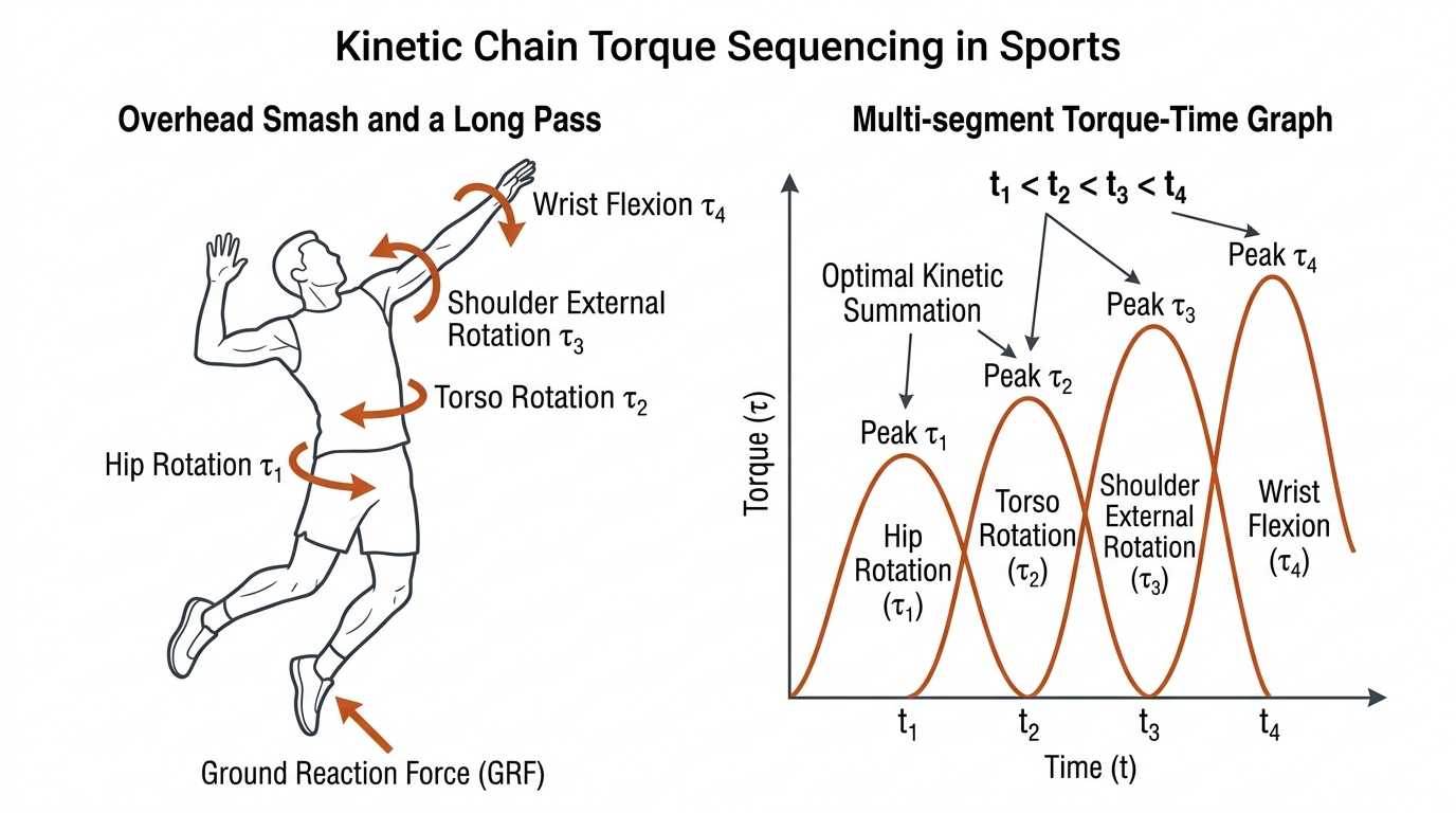 Kinetic chain torque sequencing in sports.