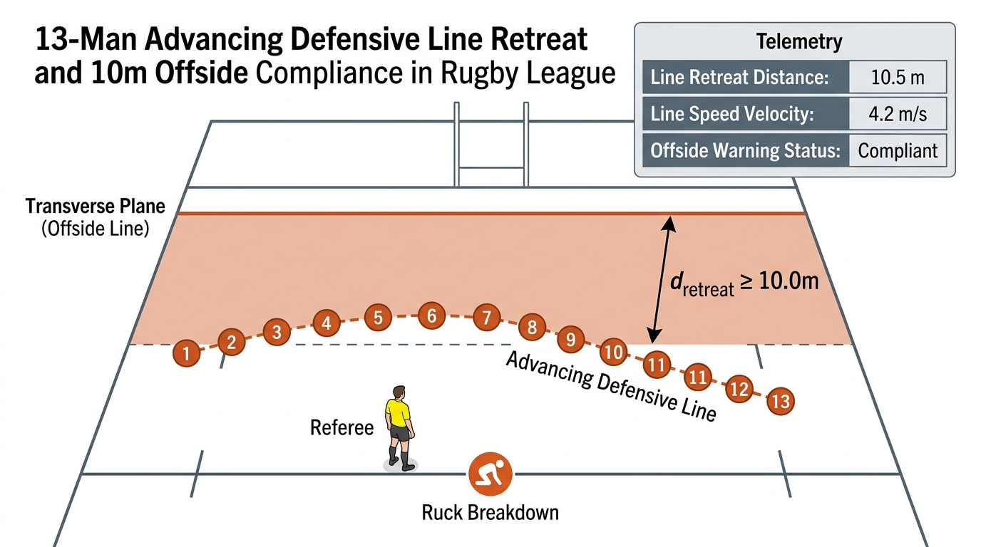 13-man advancing defensive line retreat and 10m offside compliance in rugby league.