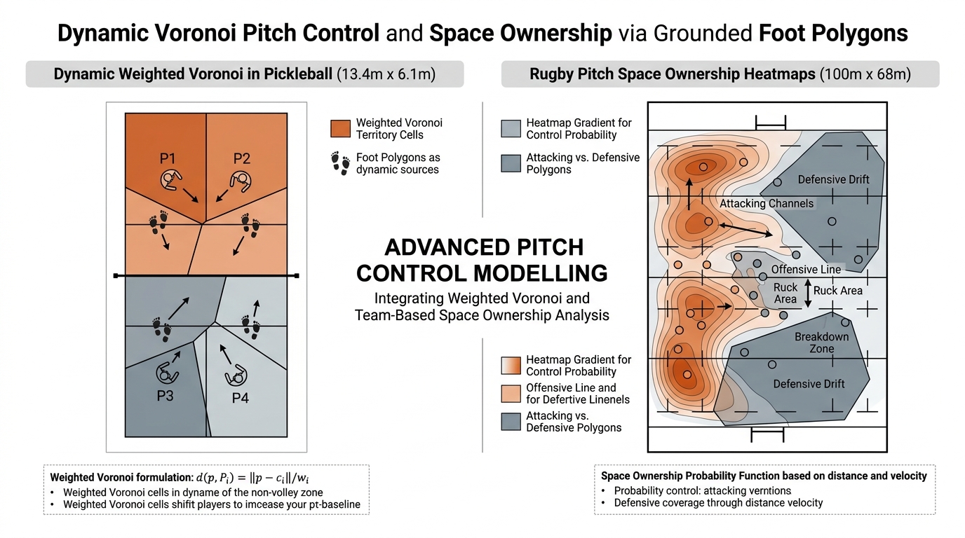 Dynamic Voronoi pitch control and space ownership via grounded foot polygons.