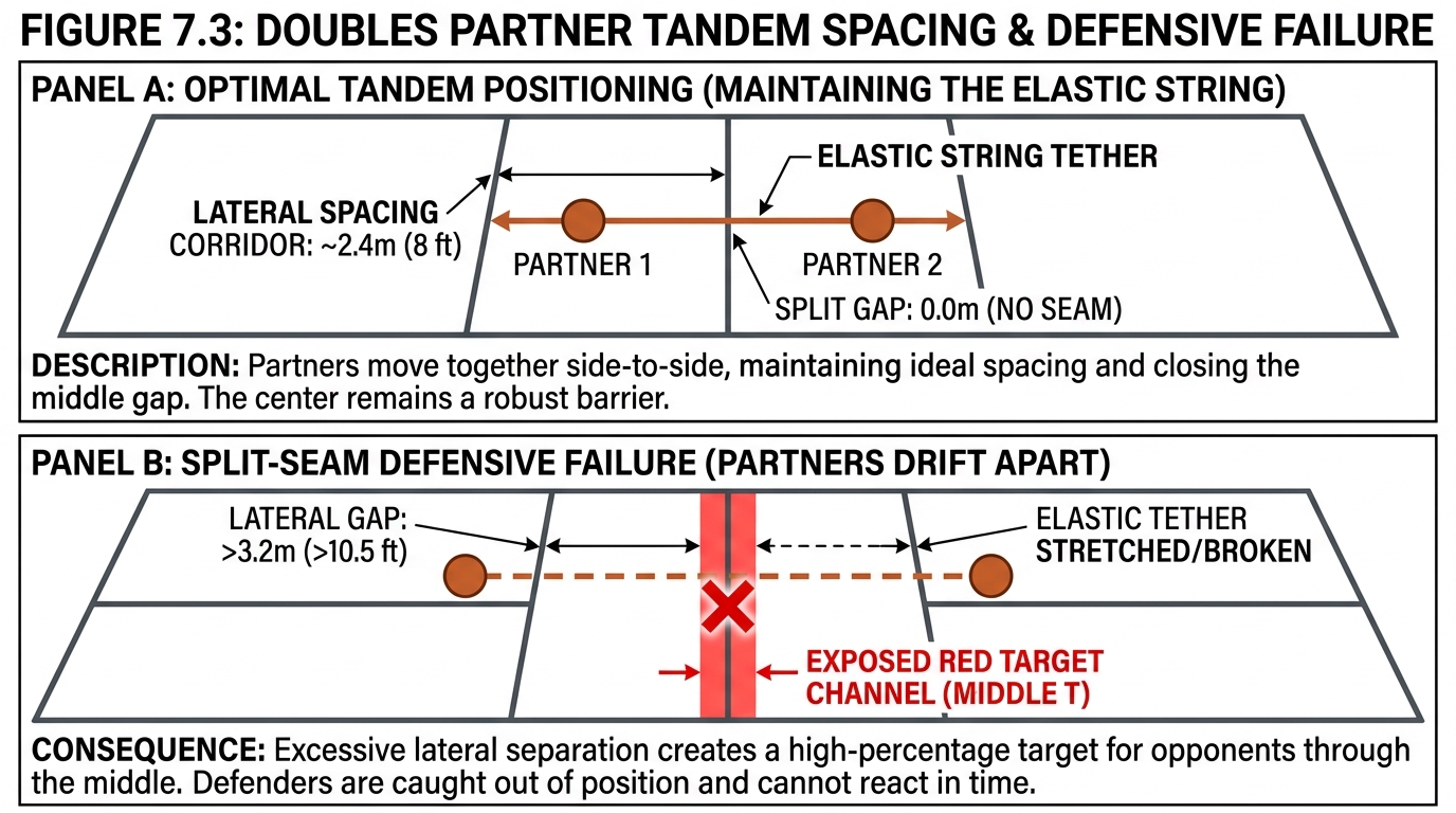 Doubles partner tandem spacing and defensive failure in pickleball.