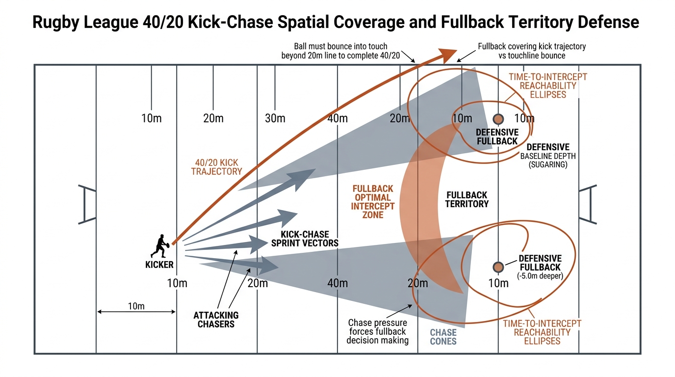 Rugby league 40/20 kick-chase spatial coverage and fullback territory defense.