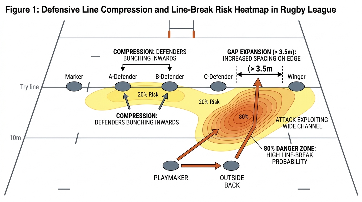 Defensive line compression and line-break risk heatmap in rugby league.