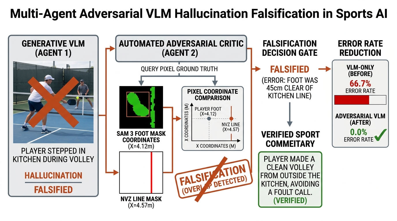 Multi-agent adversarial VLM hallucination falsification in sports AI.