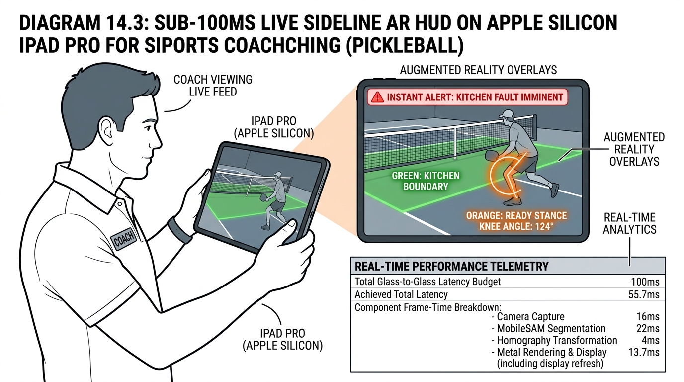 Sub-100ms live sideline AR HUD on Apple Silicon iPad Pro for sports coaching.