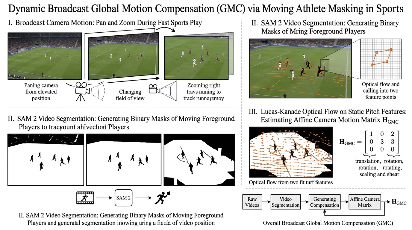 Dynamic broadcast GMC via moving athlete masking in sports.