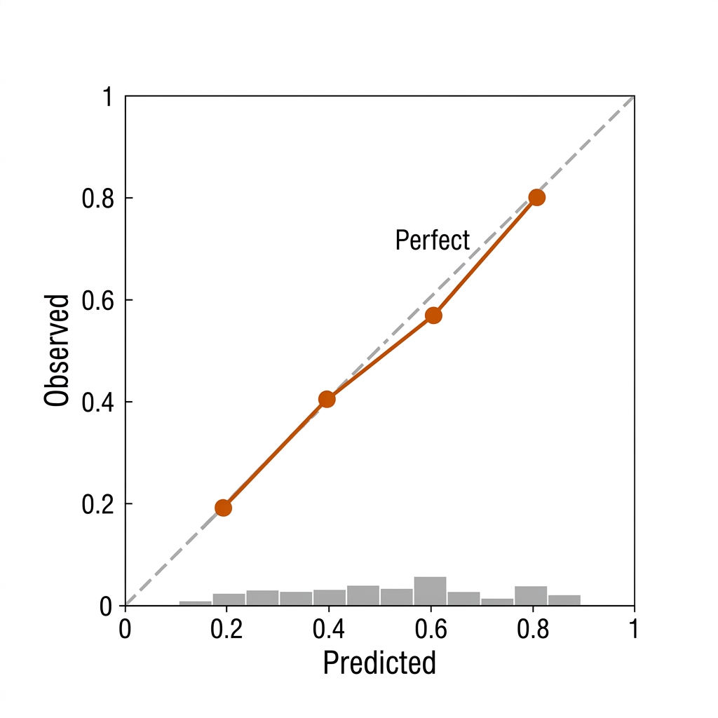 Reliability diagram with a diagonal perfect-calibration line and four bin points hugging it.