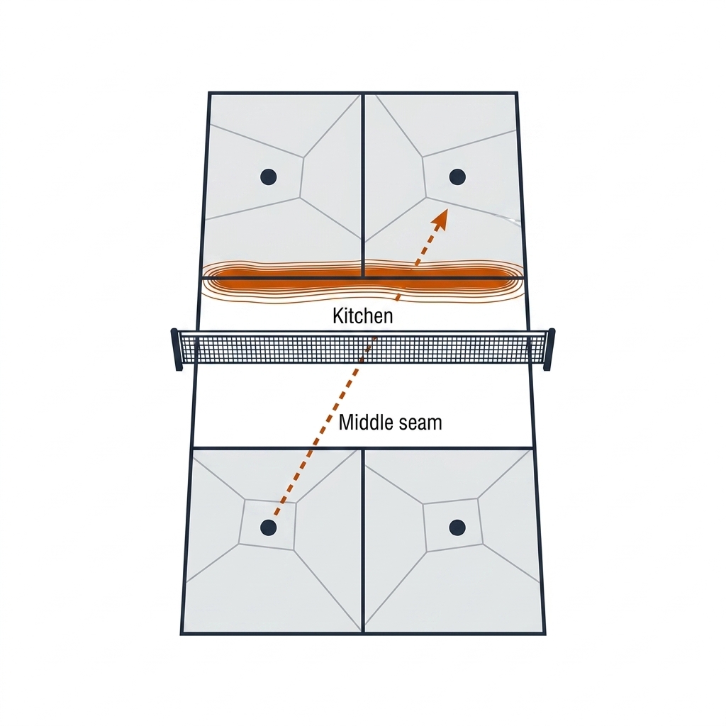 Pickleball court with overlaid control regions around four players and a value contour at the kitchen line.